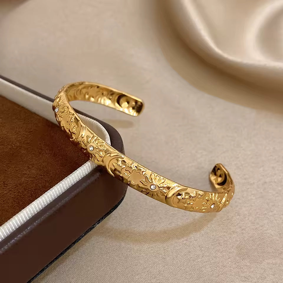 Vintage Sun Star Moon Smooth Cuff Bracelet