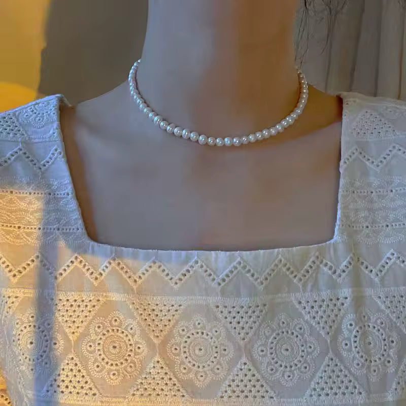 Vintage White Pearl Chain Choker Necklace