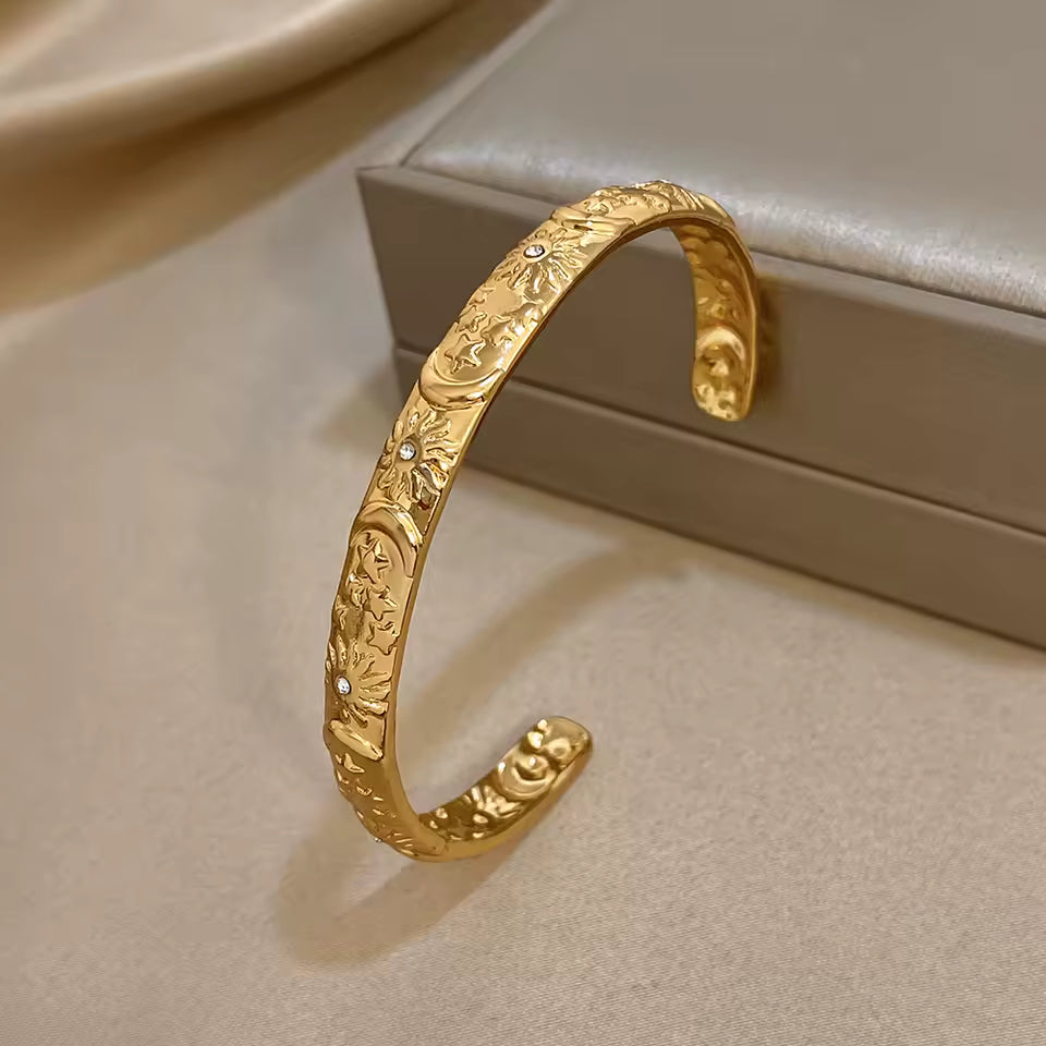 Vintage Sun Star Moon Smooth Cuff Bracelet