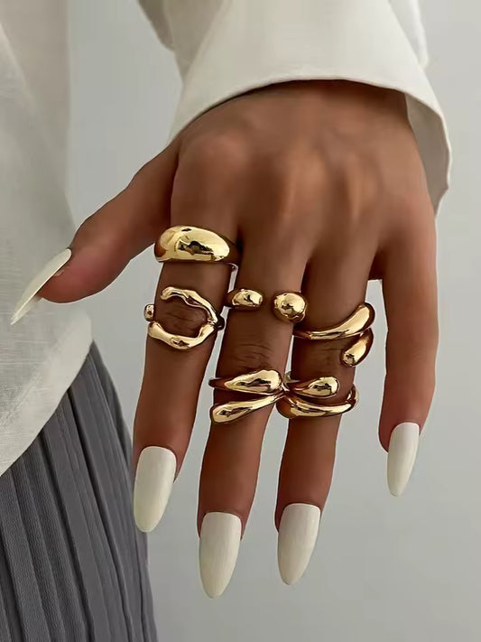 6 Set Vintage Alloy Molten Lava Teardrop Rings | Gold